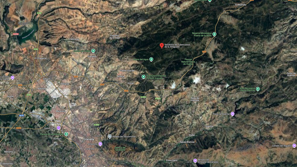 Ubicación en el mapa del sanatorio de la Alfaguara, situado a 18 kms del centro de Granada